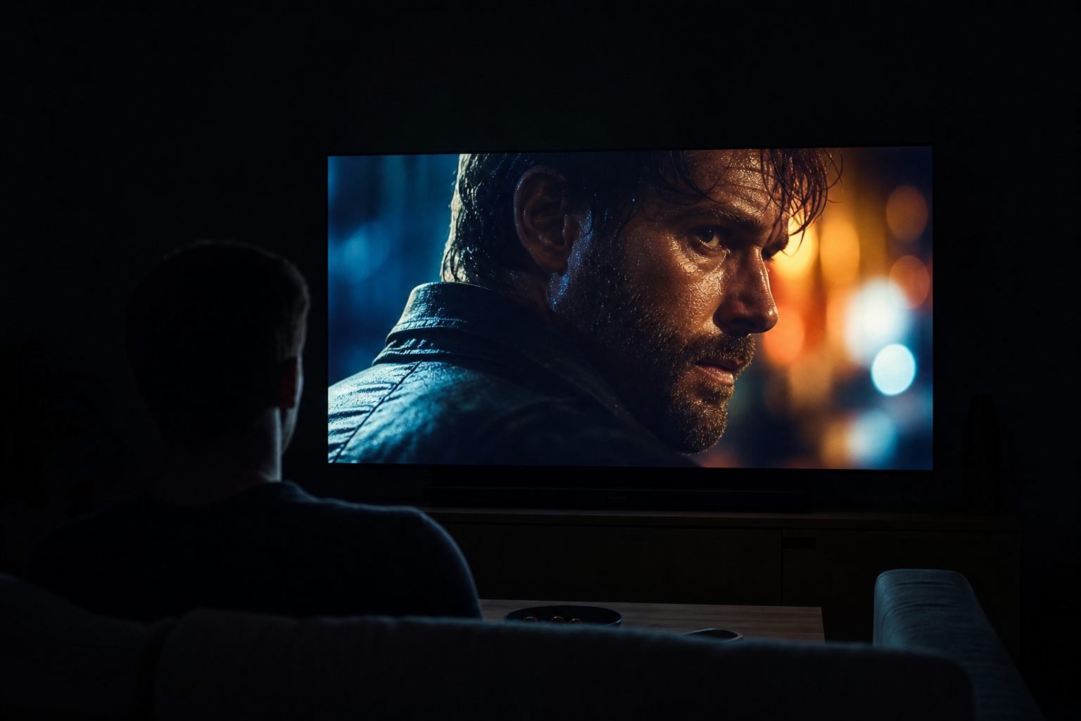 Homme regardant un grand téléviseur OLED dans un salon sombre